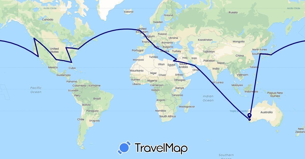 TravelMap itinerary: driving in United Arab Emirates, Australia, Canada, Egypt, France, United Kingdom, Israel, Italy, Japan, South Korea, United States (Africa, Asia, Europe, North America, Oceania)